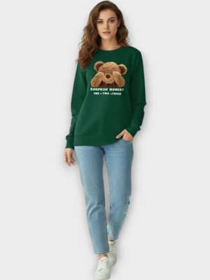 HouseOfCommon Printed Round Neck Casual Women Dark Green Sweater