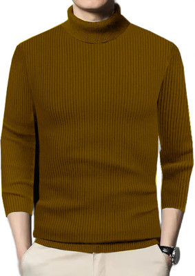 FASHLOOK Solid High Neck Casual Men Brown Sweater
