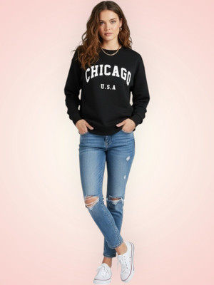 Elite Printed Round Neck Casual Women Black Sweater
