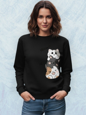 HouseOfCommon Printed Round Neck Casual Women Black Sweater