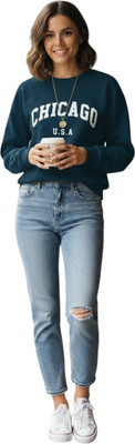 HouseOfCommon Printed Round Neck Casual Women Green Sweater