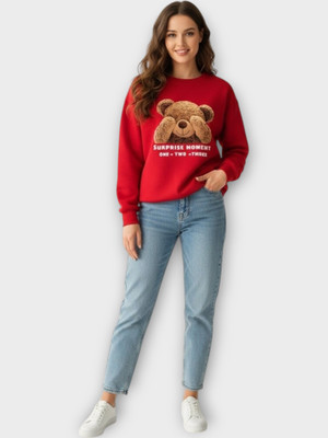 HouseOfCommon Printed Round Neck Casual Women Maroon Sweater