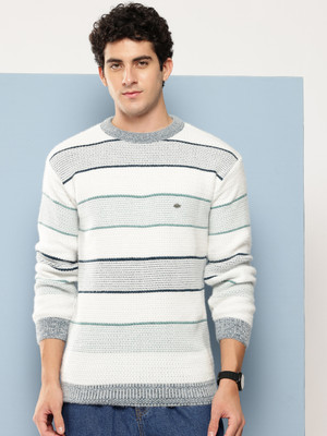 Roadster Striped Round Neck Casual Men White Sweater