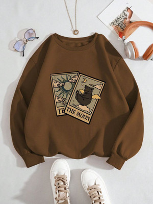 Draxstarfashion Printed Round Neck Casual Women Brown Sweater