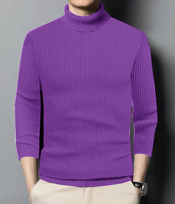 FREAKS Striped High Neck Casual Men Purple Sweater