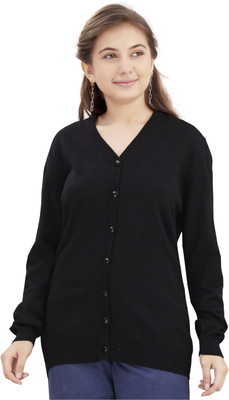 Aarika Self Design V Neck Casual Girls Black Sweater