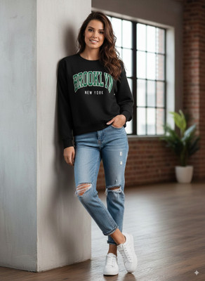 HouseOfCommon Printed Round Neck Casual Women Green Sweater