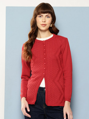 Aarika Self Design Round Neck Casual Women Red Sweater