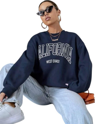 HouseOfCommon Printed Round Neck Casual Women Dark Blue Sweater