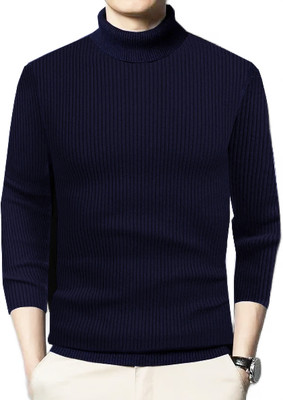 nikline Self Design High Neck Casual Men Dark Blue Sweater