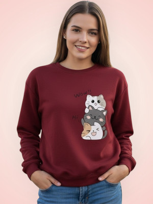 HouseOfCommon Printed Round Neck Casual Women Maroon Sweater