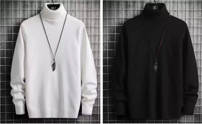 Pachirisu Solid High Neck Casual Men Black, White Sweater