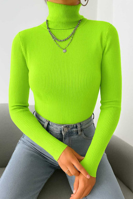 SUKARMI Solid High Neck Casual Women Light Green Sweater