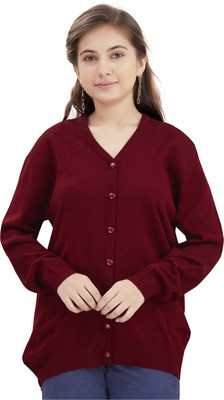 Aarika Self Design V Neck Casual Girls Maroon Sweater