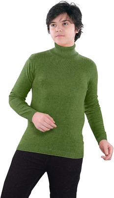 Clothify Solid High Neck Casual Boys Dark Green Sweater