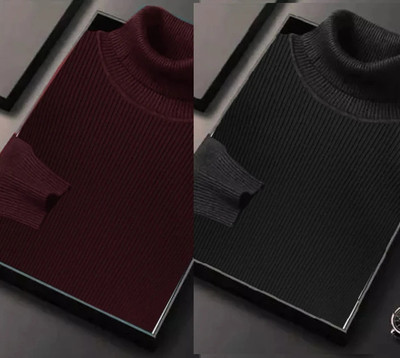 HouseOfCommon Self Design Turtle Neck Casual Men Maroon, Black Sweater
