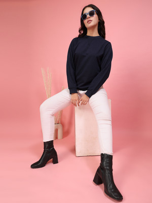 METRONAUT MetronautWomen Navy Fleece Oversized Sweatshirt Full Sleeve Solid Women Sweatshirt