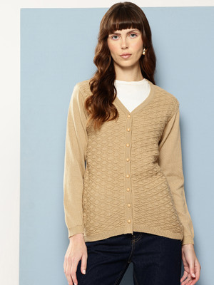 MUHURATAM Self Design V Neck Casual Women Beige Sweater
