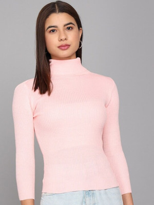 Divra Clothing Self Design High Neck Casual Women Pink Sweater