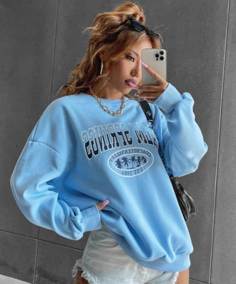 SYDNEY HILLS Printed Crew Neck Casual Women Light Blue Sweater
