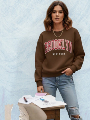 Elite Printed Round Neck Casual Women Brown Sweater