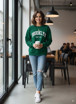 Elite Printed Round Neck Casual Women Green Sweater