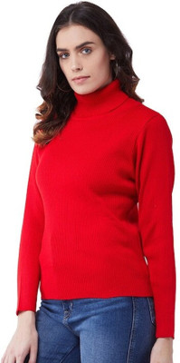 Divra Clothing Solid High Neck Casual Women Red Sweater
