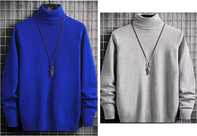 Meetri Solid High Neck Casual Men Grey, Blue Sweater