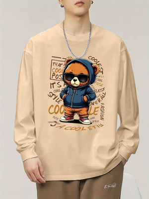 KEESOR Graphic Print Men Round Neck Beige T-Shirt