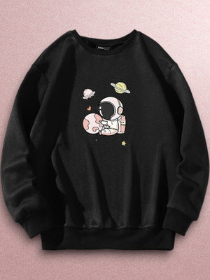 Draxstarfashion Printed Round Neck Casual Women Black Sweater
