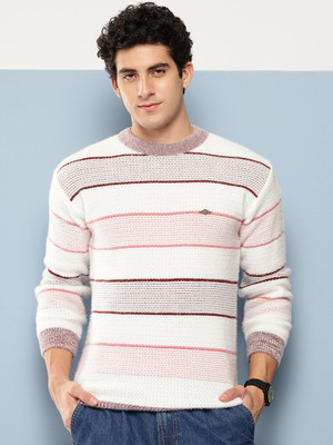 Roadster Striped Round Neck Casual Men White Sweater