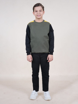 KiddoPanti Boys Casual Sweatshirt Jeans(Military Green & Black)