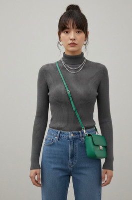 Divra Clothing Self Design High Neck Casual Women Grey Sweater