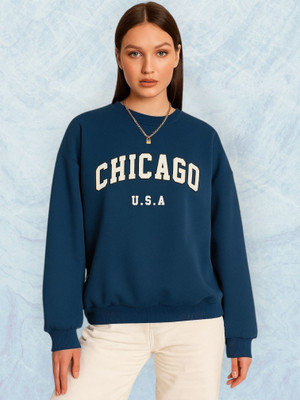 Elite Printed Round Neck Casual Women Dark Blue Sweater