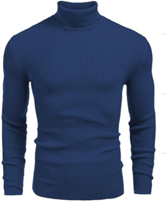 YCLUB Self Design High Neck Casual Men Blue Sweater