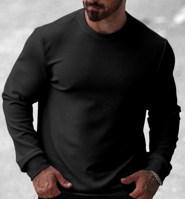 KAJARU Solid Round Neck Casual Men Black Sweater