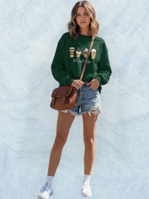 Stylezone Printed Round Neck Casual Women Dark Green Sweater