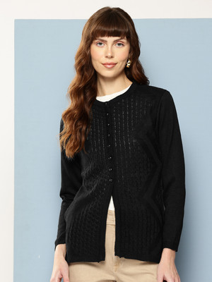 Aarika Self Design Round Neck Casual Women Black Sweater