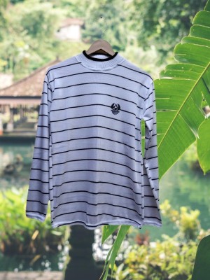 Tiki Tees Striped Round Neck Casual Men White Sweater