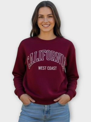 HouseOfCommon Printed Round Neck Casual Women Maroon Sweater