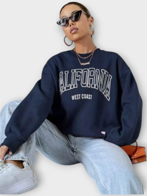 HouseOfCommon Printed Round Neck Casual Women Dark Blue Sweater