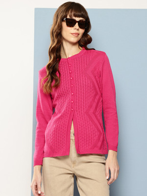 Aarika Self Design Round Neck Casual Women Pink Sweater