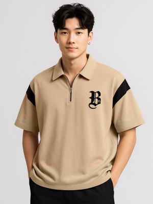 Jump Cuts Printed Men Polo Neck Beige T-Shirt