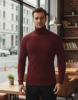NATRIS Solid High Neck Casual Men Maroon Sweater
