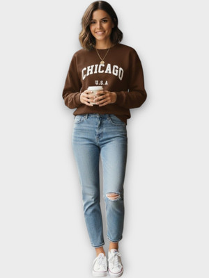 Elite Printed Round Neck Casual Women Brown Sweater