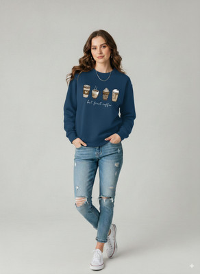 Elite Printed Round Neck Casual Women Dark Blue Sweater