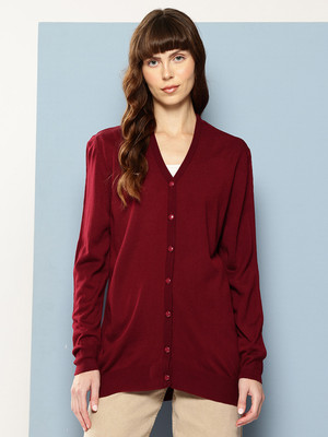 Roadster Solid V Neck Casual Women Maroon Sweater