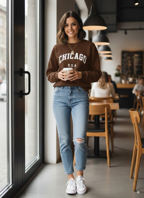HouseOfCommon Printed Round Neck Casual Women Brown Sweater