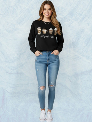 Elite Printed Round Neck Casual Women Black Sweater
