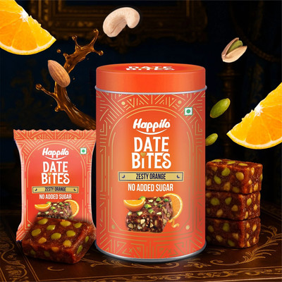 Happilo Zesty Orange Date Bites Diwali Celebration Gift Pack | Healthy Guilt Free Sweets Tin(200 g)